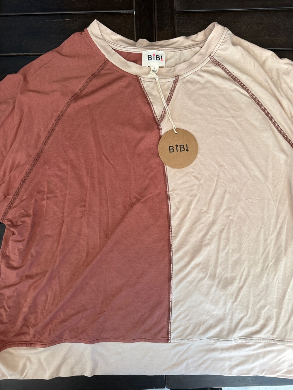 BiBi Two-Tone Raglan Top in Dusty Rose & Light Cream